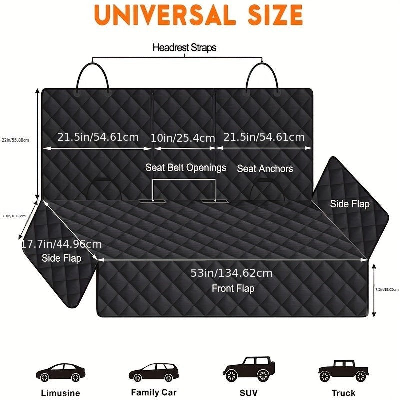Poppie21 black waterproof dog car mat with dimensions, seat belt openings, and side flaps for vehicle protection.