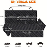 Poppie21 black waterproof dog car mat with dimensions, seat belt openings, and side flaps for vehicle protection.